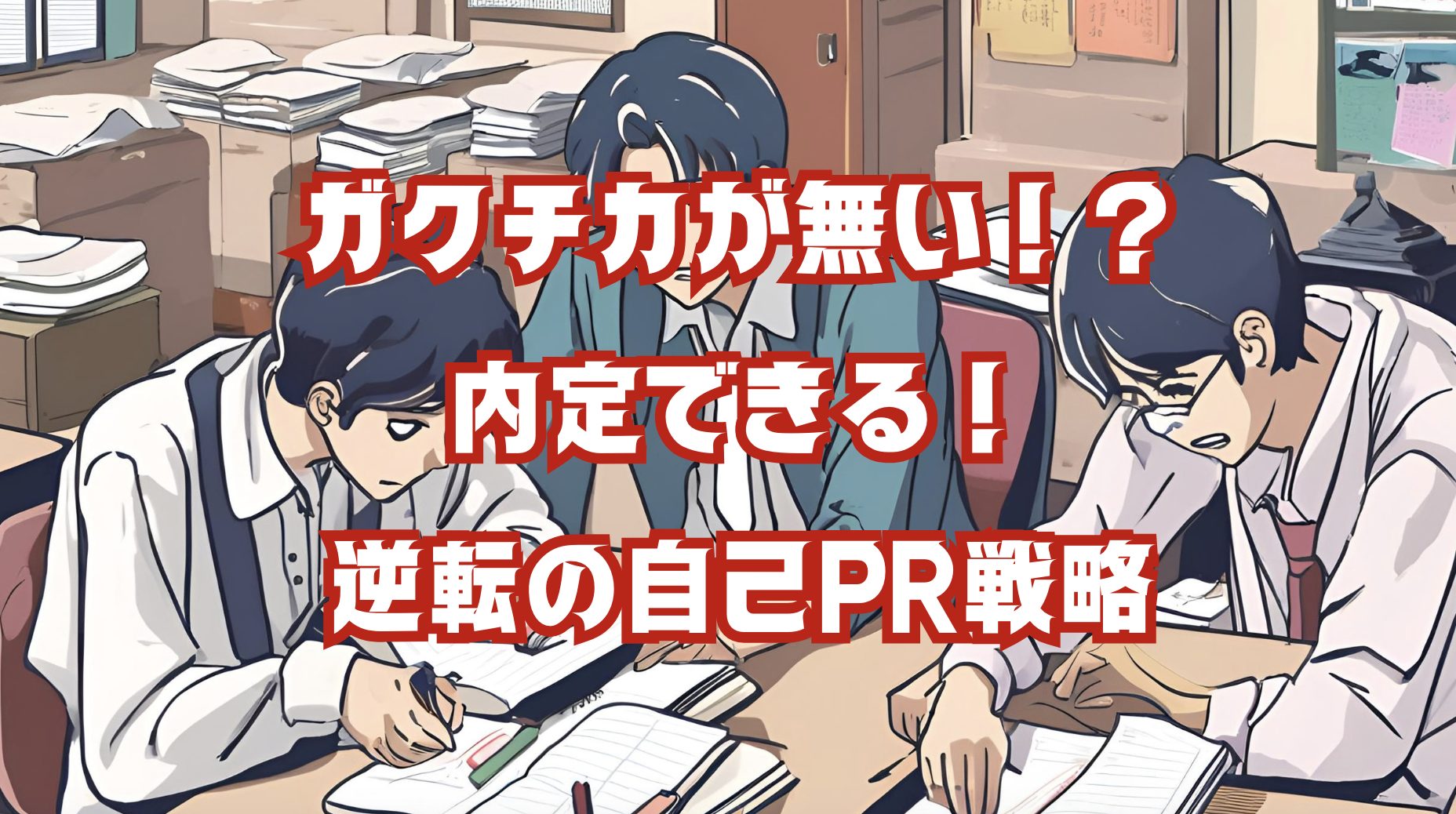 ノートを広げて悩む就活生のイラスト