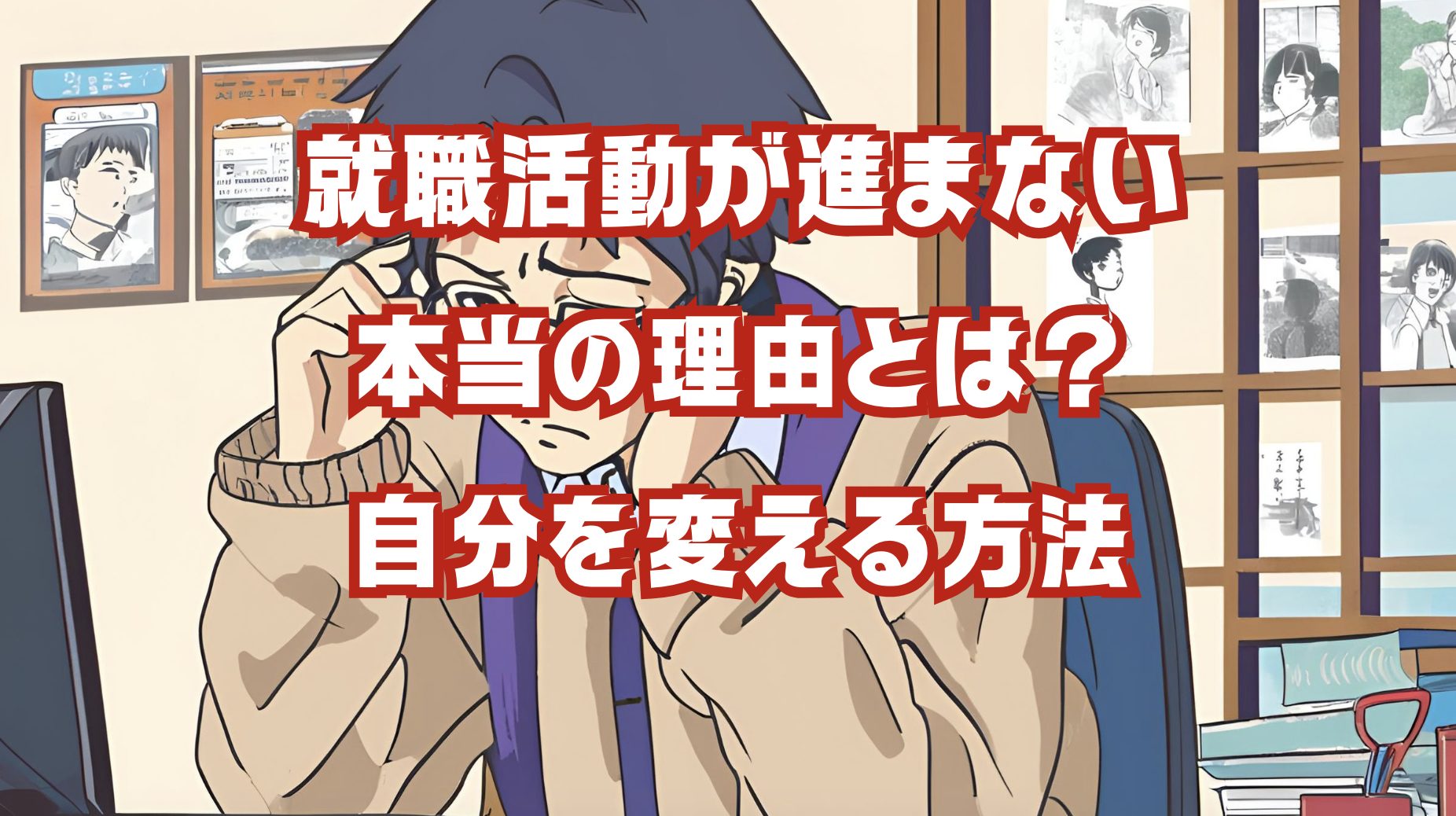 行動できずに悩む学生のイラスト（机に向かって手を止めている）