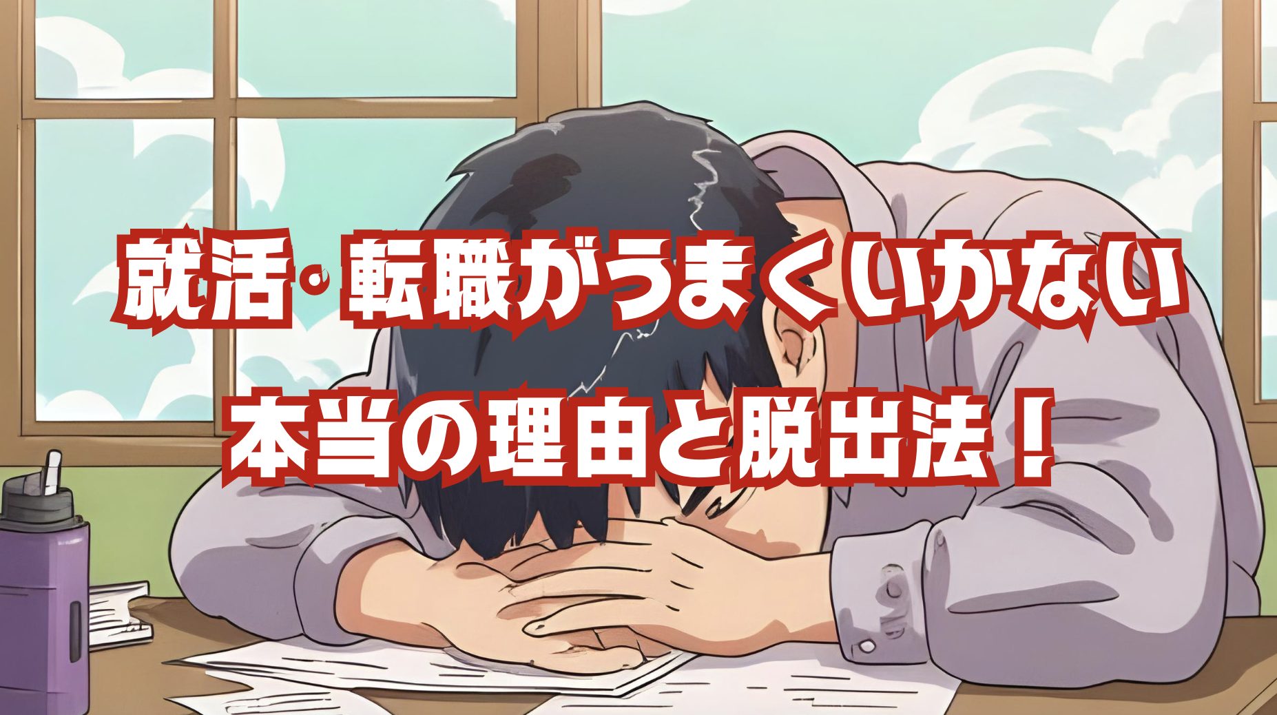 行動できずに悩む就活生が机にうなだれているイラスト