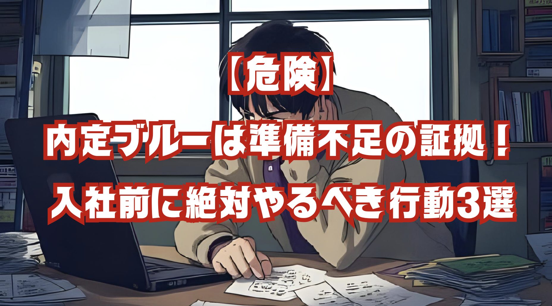 「内定ブルーで不安そうな学生と入社準備をするアドバイザーのイラスト