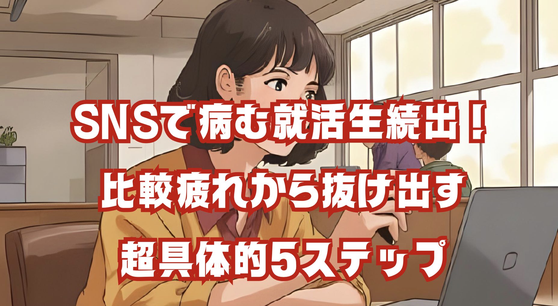 SNS比較で病んで悩む就活生のイラスト