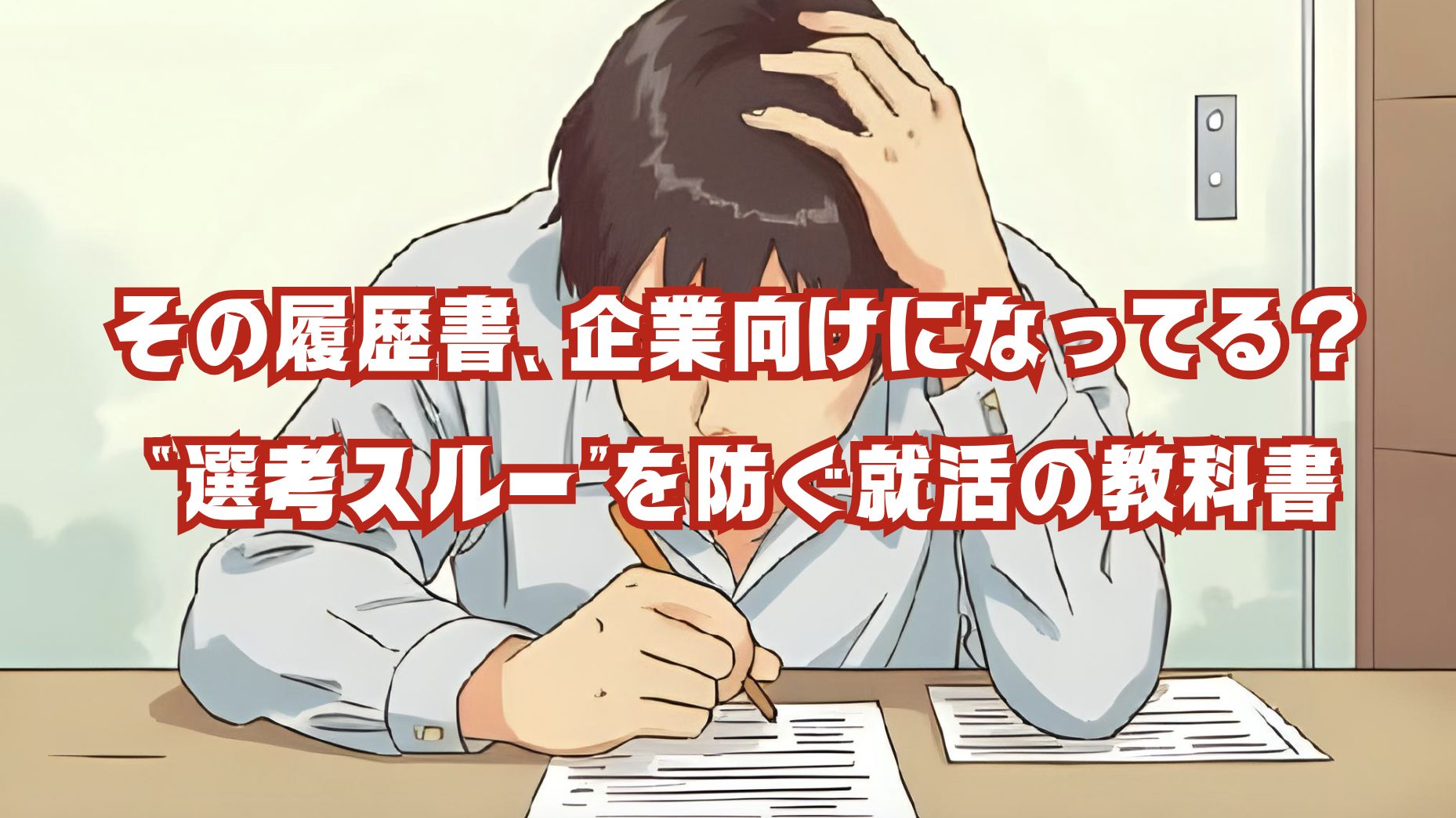 就活が苦手な学生が履歴書の前で頭を抱えるイラスト