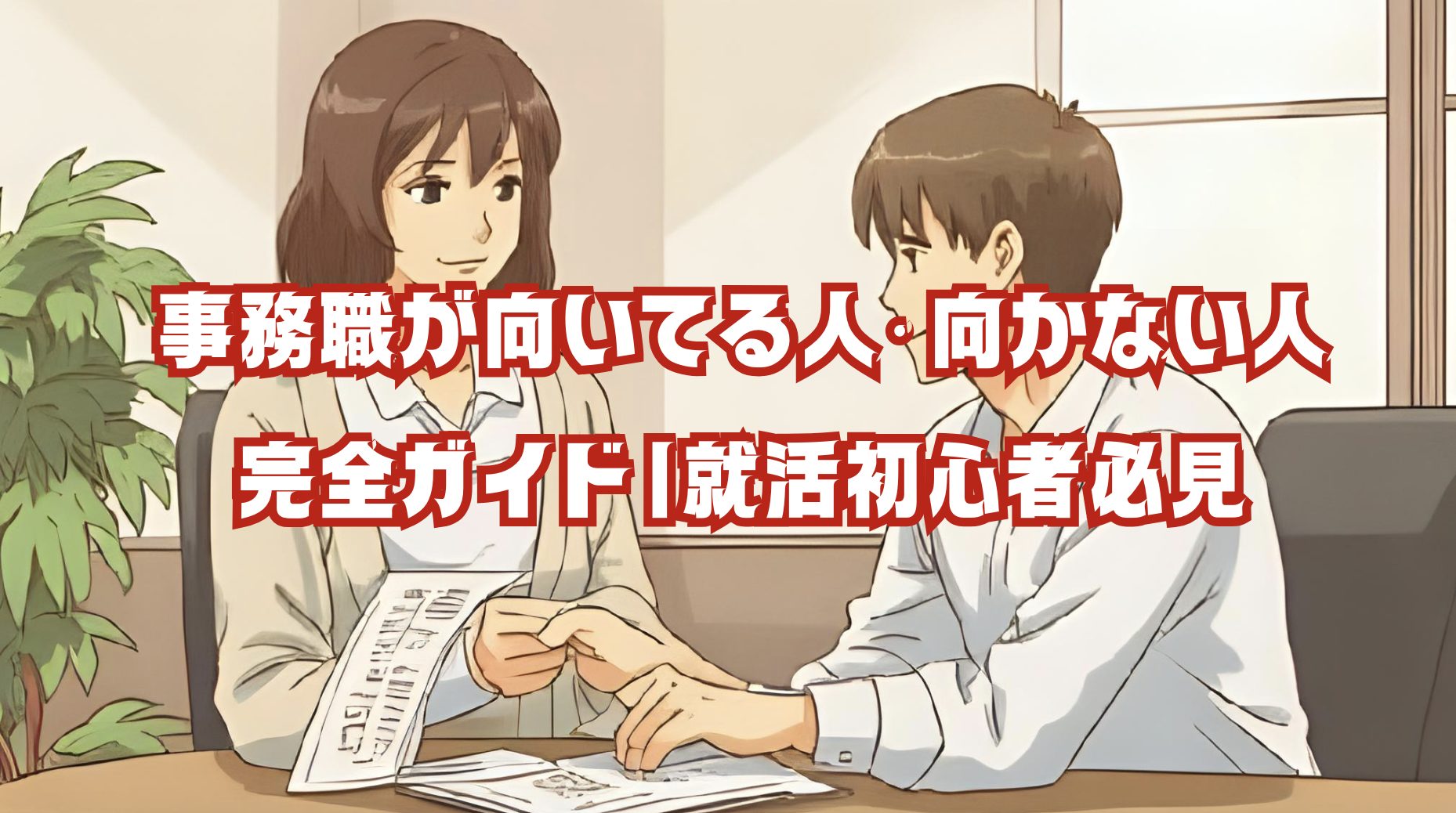 書類を手に持つ女性と、パソコンで仕事をする男性のイラスト